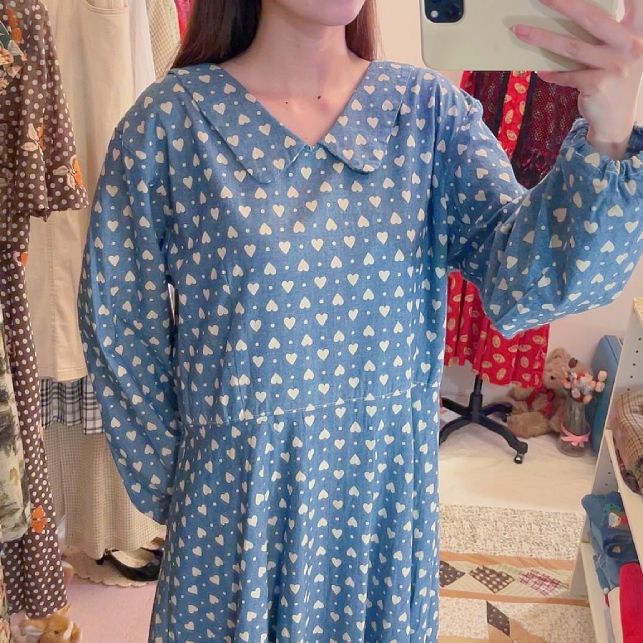 heart dot denim flare one-piece