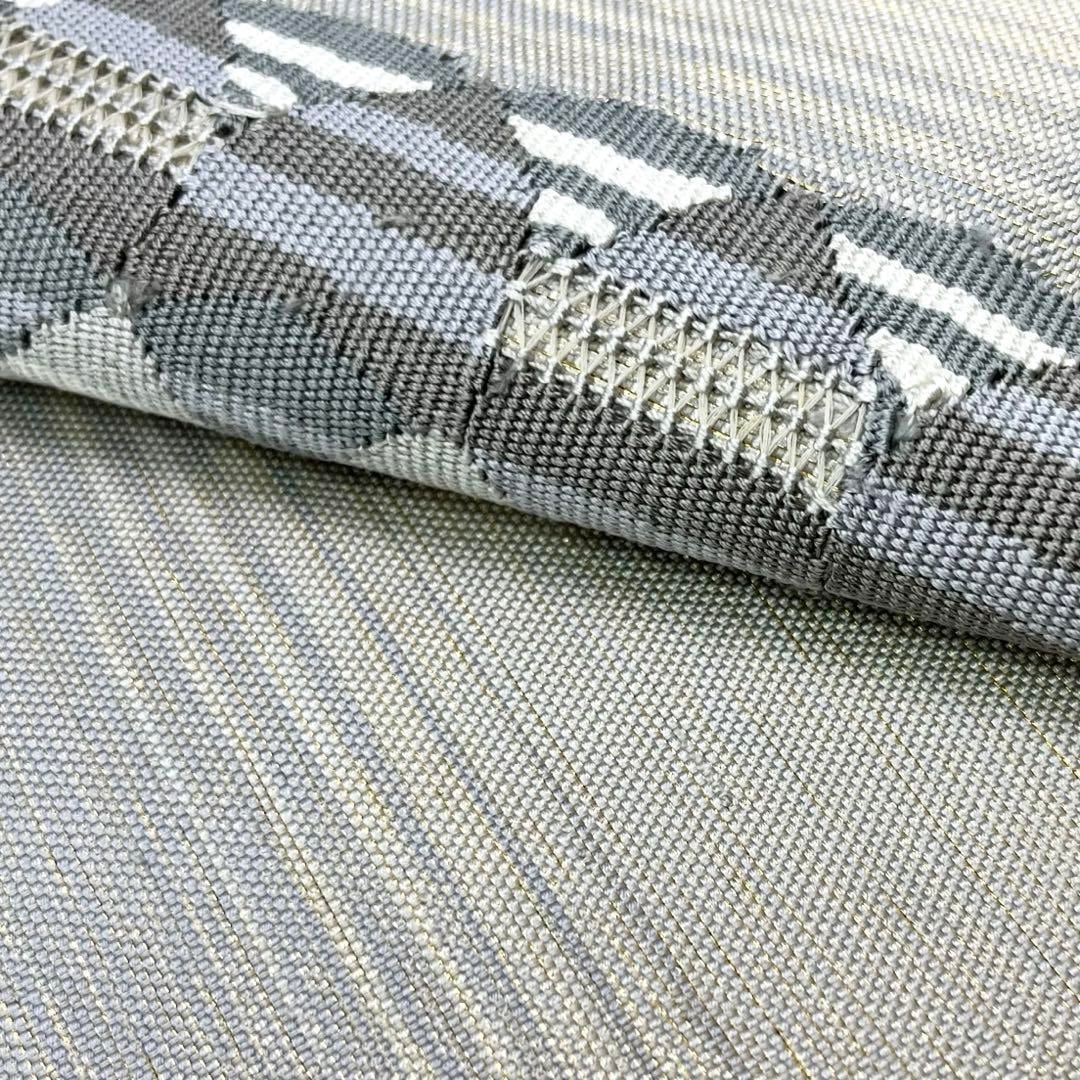 名古屋帯 抽象模様 丸繋ぎ 薄灰色 金糸 長尺 カジュアル O-4277