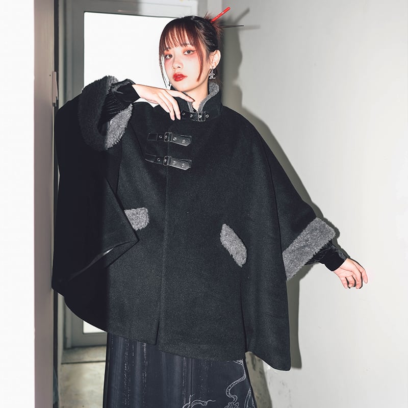 古怪舍 山海経 昆侖シリーズ チャイナ風コート アウター Coat ラシャ ゆったり 厚い 暖かい ブラック 黒い マントコート Elegant