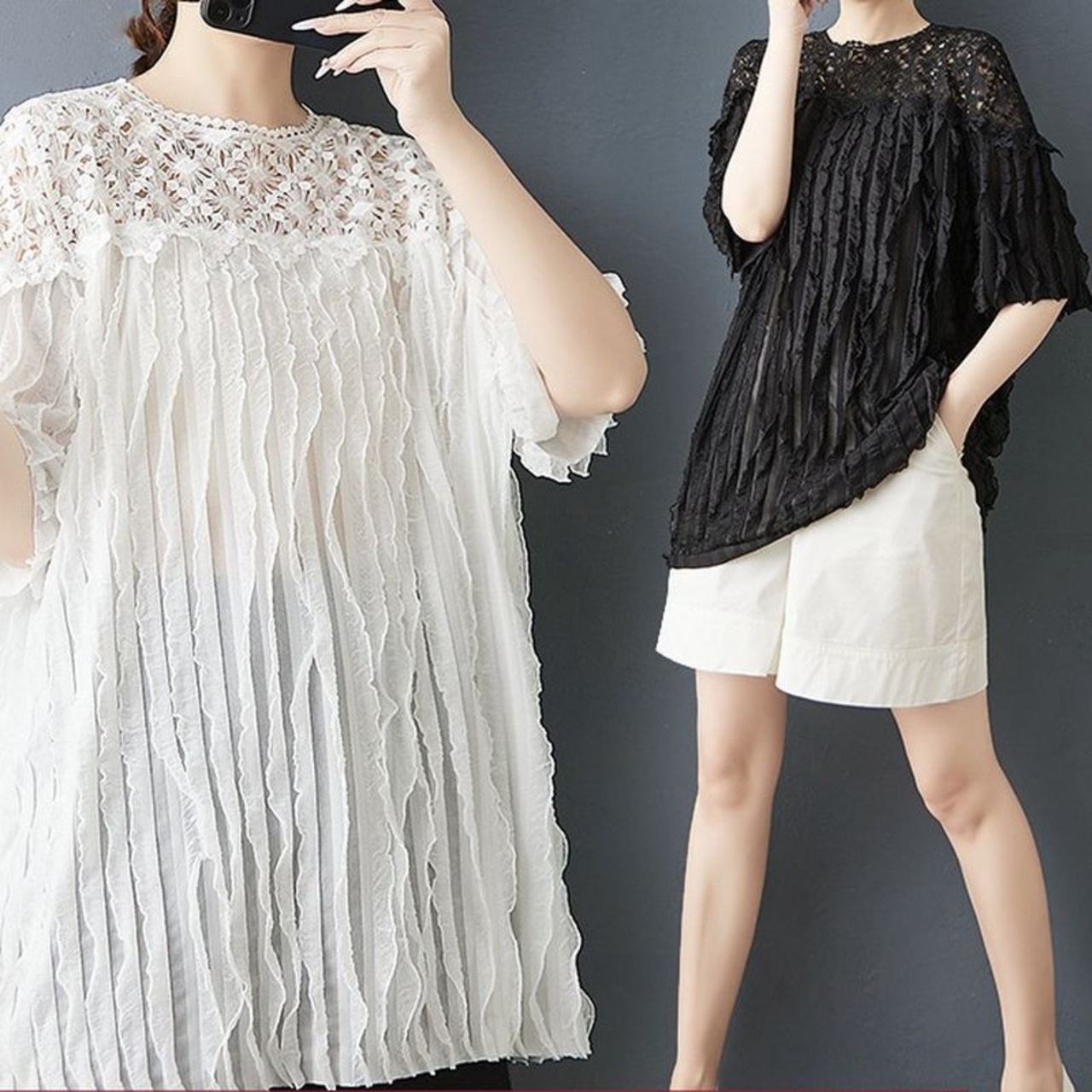 フラワーレース 切替 Tシャツ  30169