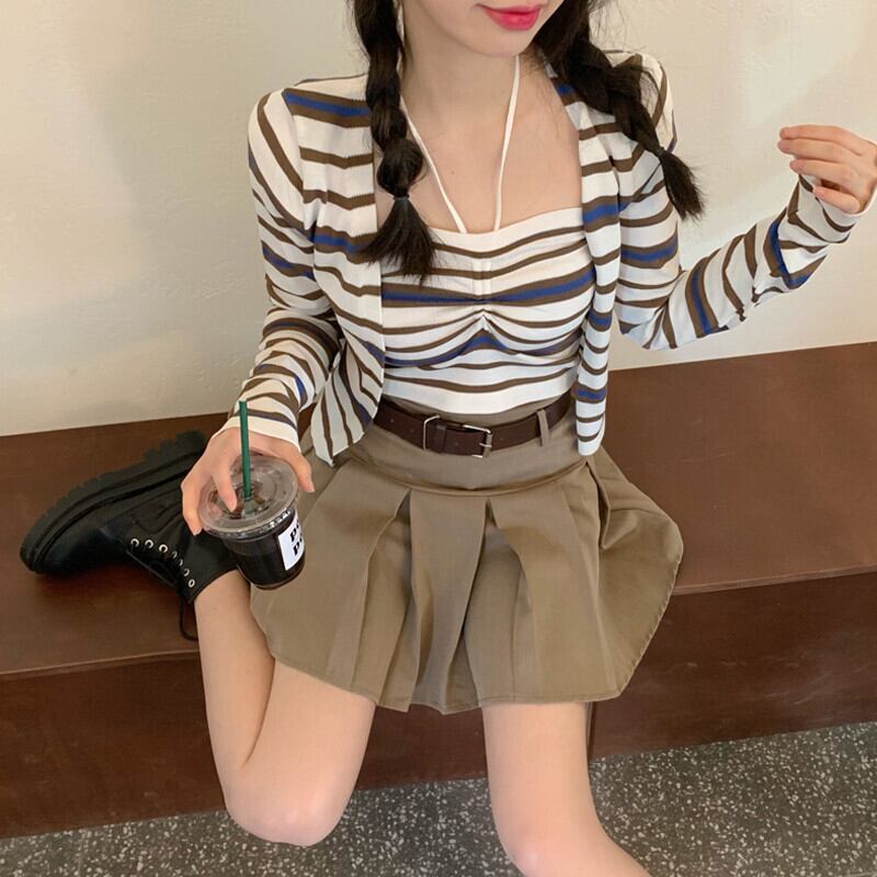 カラーストライプレディーストップス ハイウェストプリーツスカート サマー ロング ストリート 夏物 ガールズファッション36757888371