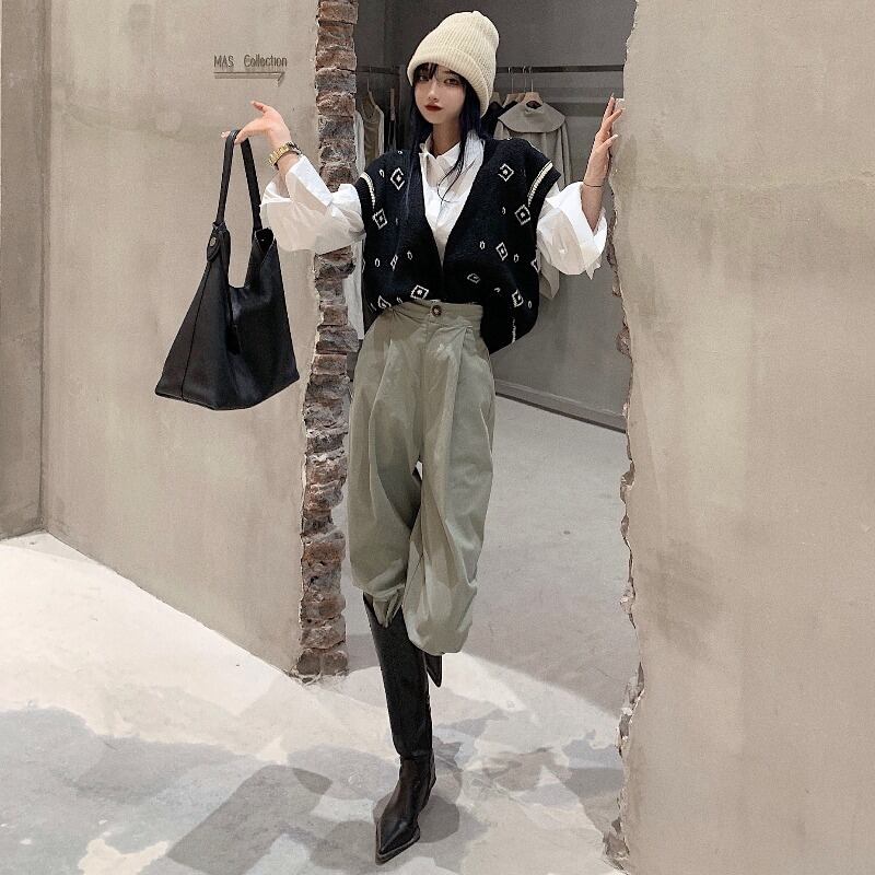 ニットベストプリントシャツハイウエストオーバーオールスリーピース女性2020秋ニュースタイルロイヤルシスターファッションスーツ ブラックストロベリース8456232584