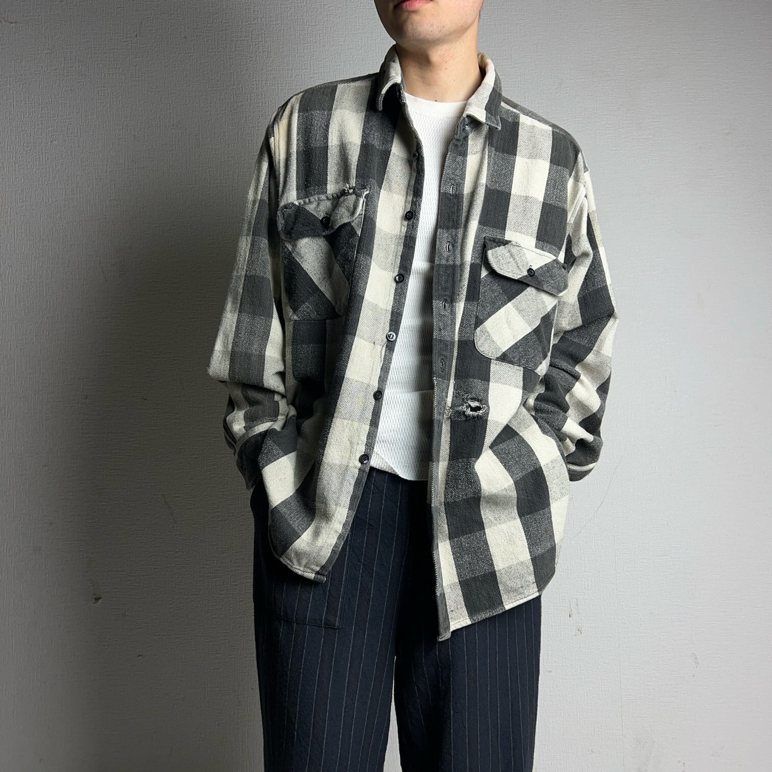 00's FIVE BROTHER Heavy Flannel Shirt White&Black 00年代 ファイブ
