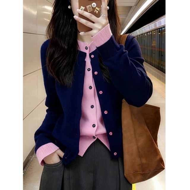 navy pink colorblock layered cardigan<t3261>