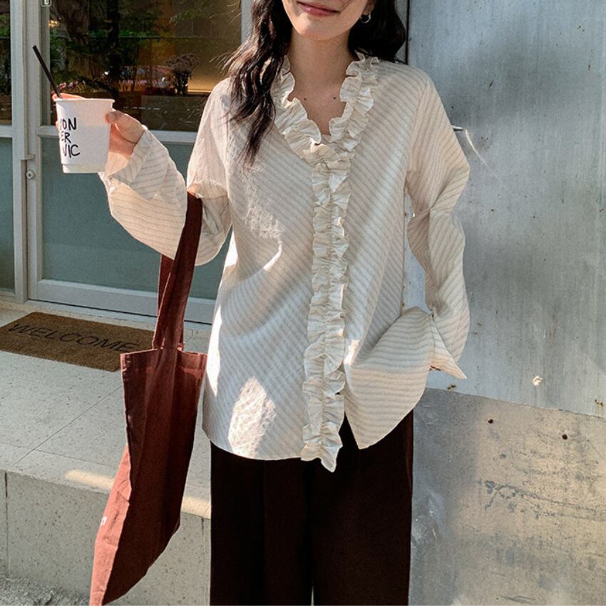 v-neck frill stripe shirt　J00506