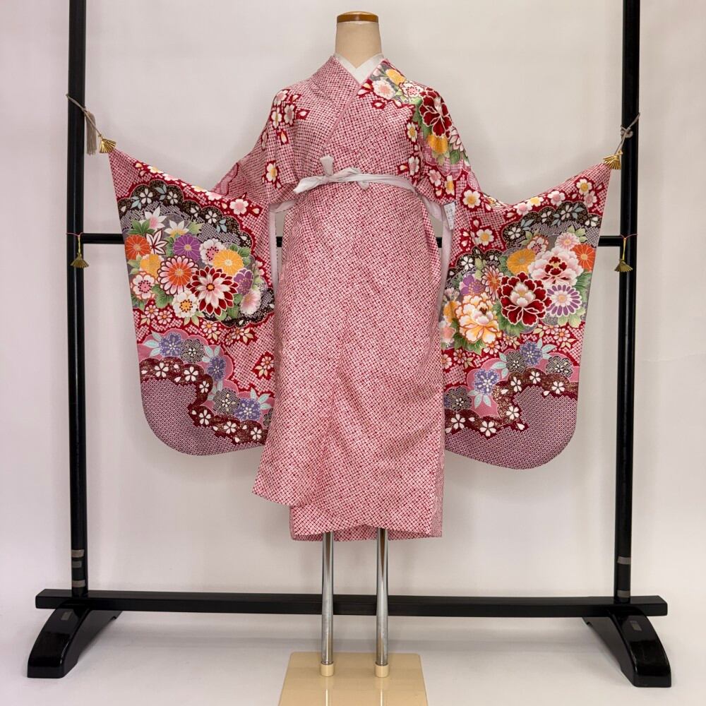 二尺袖 単品 卒業式着物 赤 裄71cm LLサイズ 袴用着物 化繊 中古 5851