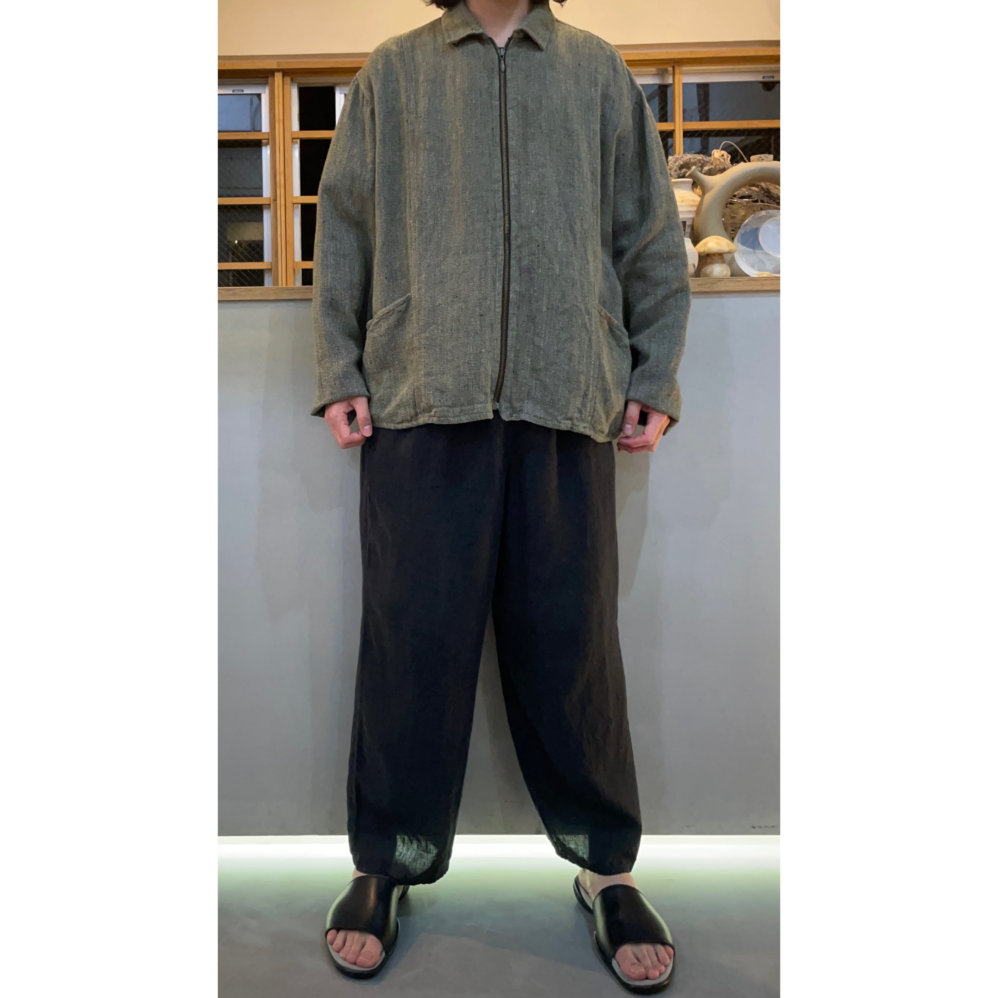 90s FLAX mix olive Lithuania linen box silhouette zip up jacket