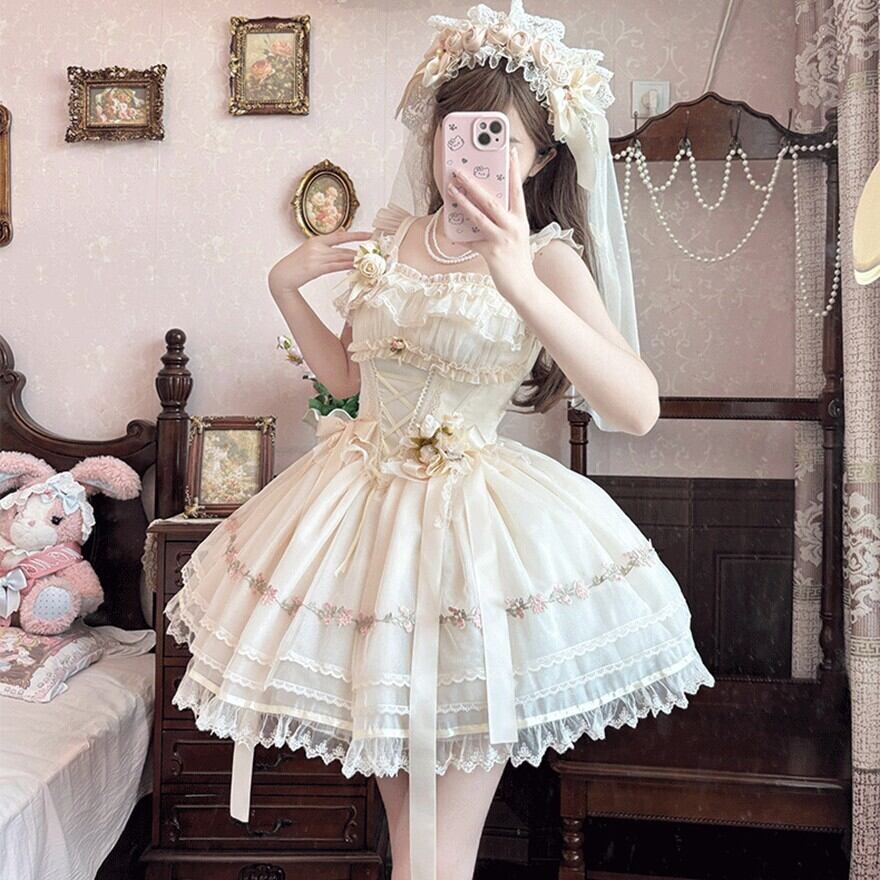 ゆめかわいい ローズドレス ウエディングドレス レース 花柄刺繍 甘め コンカフェ衣装