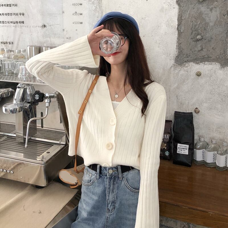 カーディガンショートコート オータムルーズニットセーター スプリングトップス ロング 春物 秋物 試着室25321459043