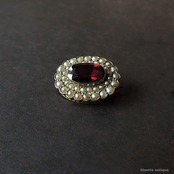 英国アンティークジュエリー 9ctゴールド 天然ロードライトガーネット 真珠 レースピン ブローチ（ソーティングメモ付）