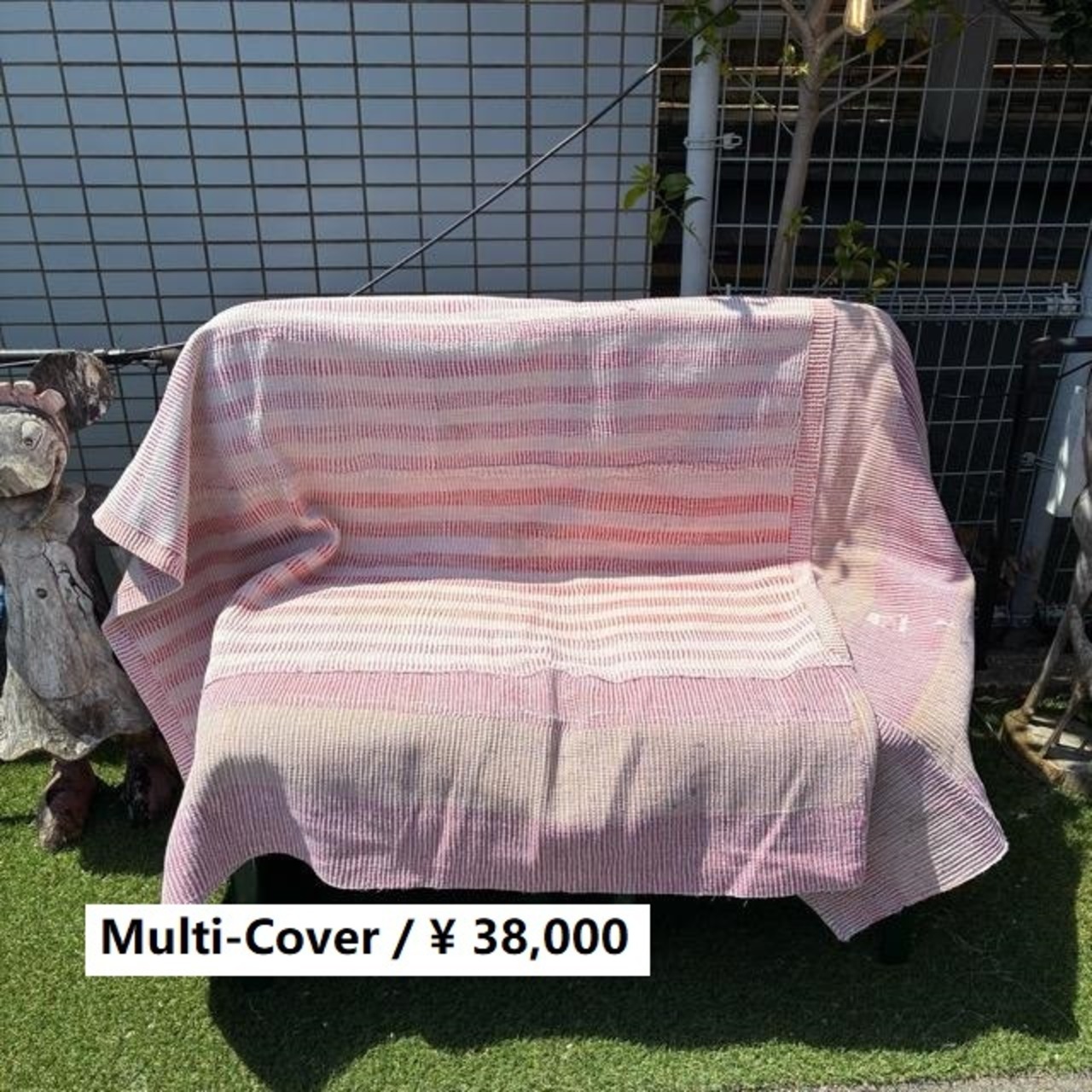 インド　ヴィンテージラホールキルト 38000-3　130×160cm　カンタ　ベッドカバー　ソファカバー　マルチカバー　ハンドメイド　１点もの　ホワイト　レッド