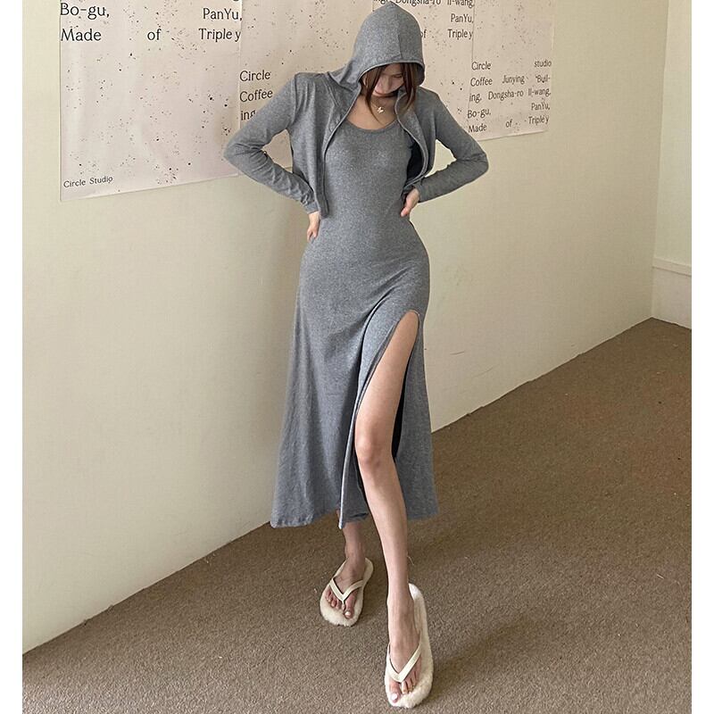 スリットスカート オータムグレーフードカーディガンドレス ロング 秋物 ガールズファッション40979375945