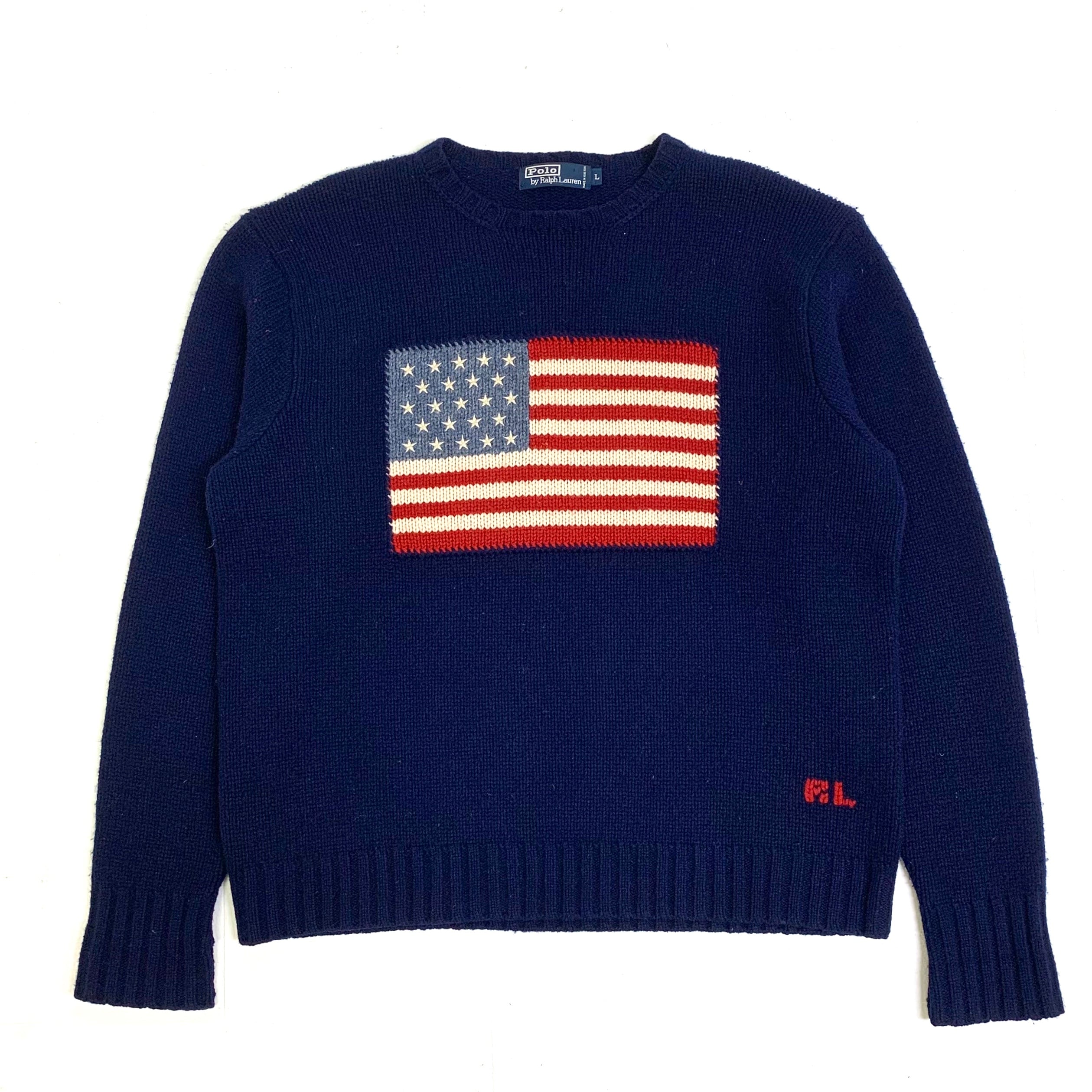 0227 / 1990's RL American flag sweater ネイビー アメリカ国旗 ...