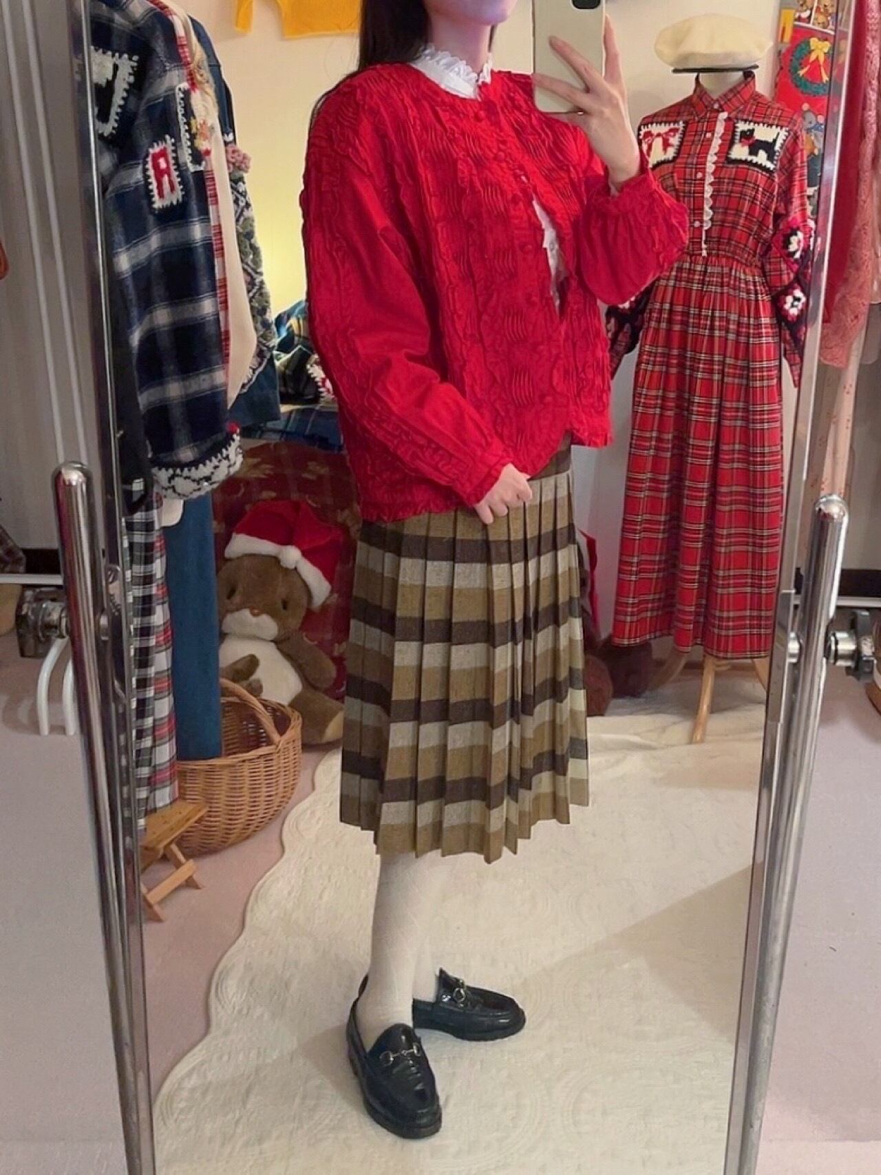 red frill pintuck cotton blouse