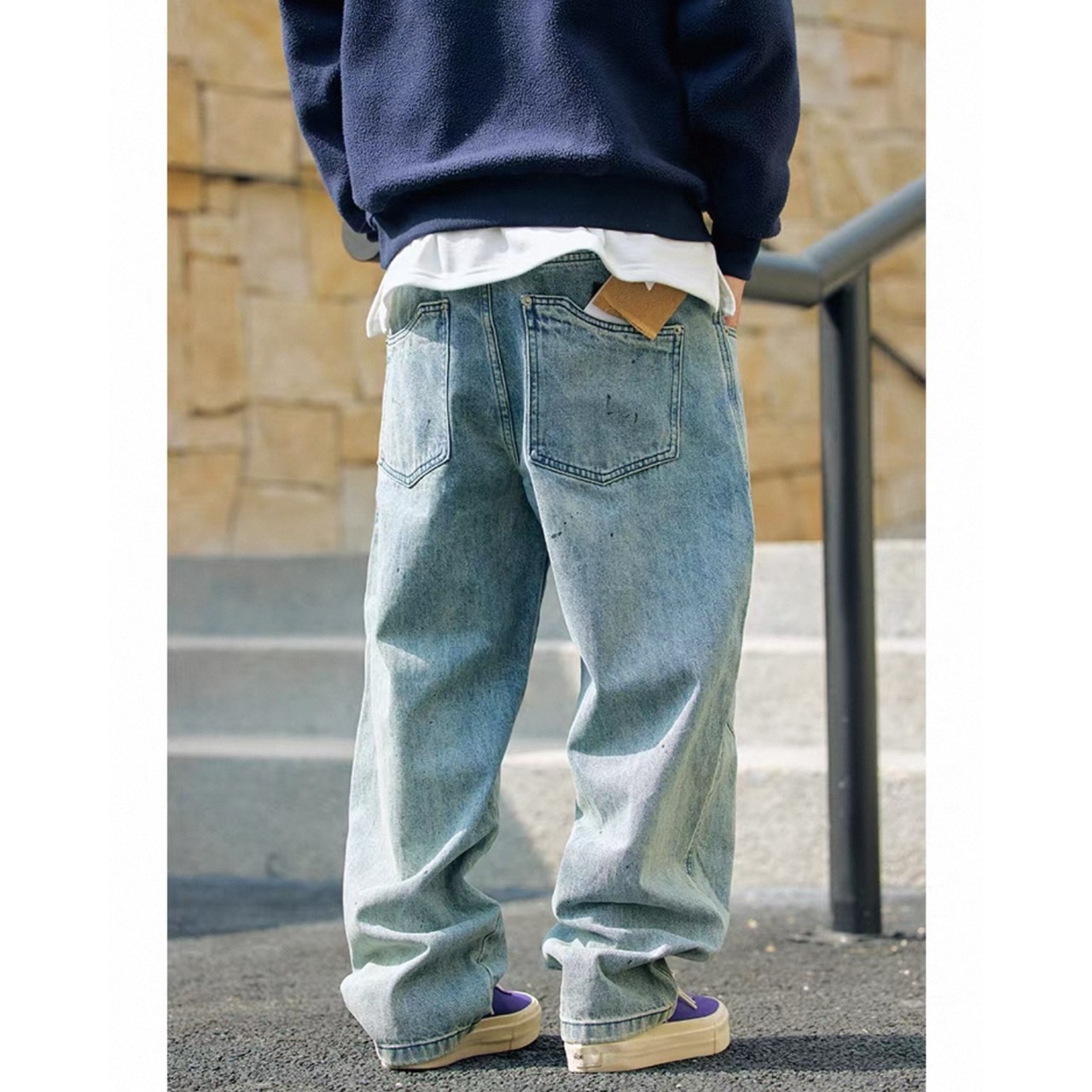 Vintage wash wide straight denim pants 1350 - 4