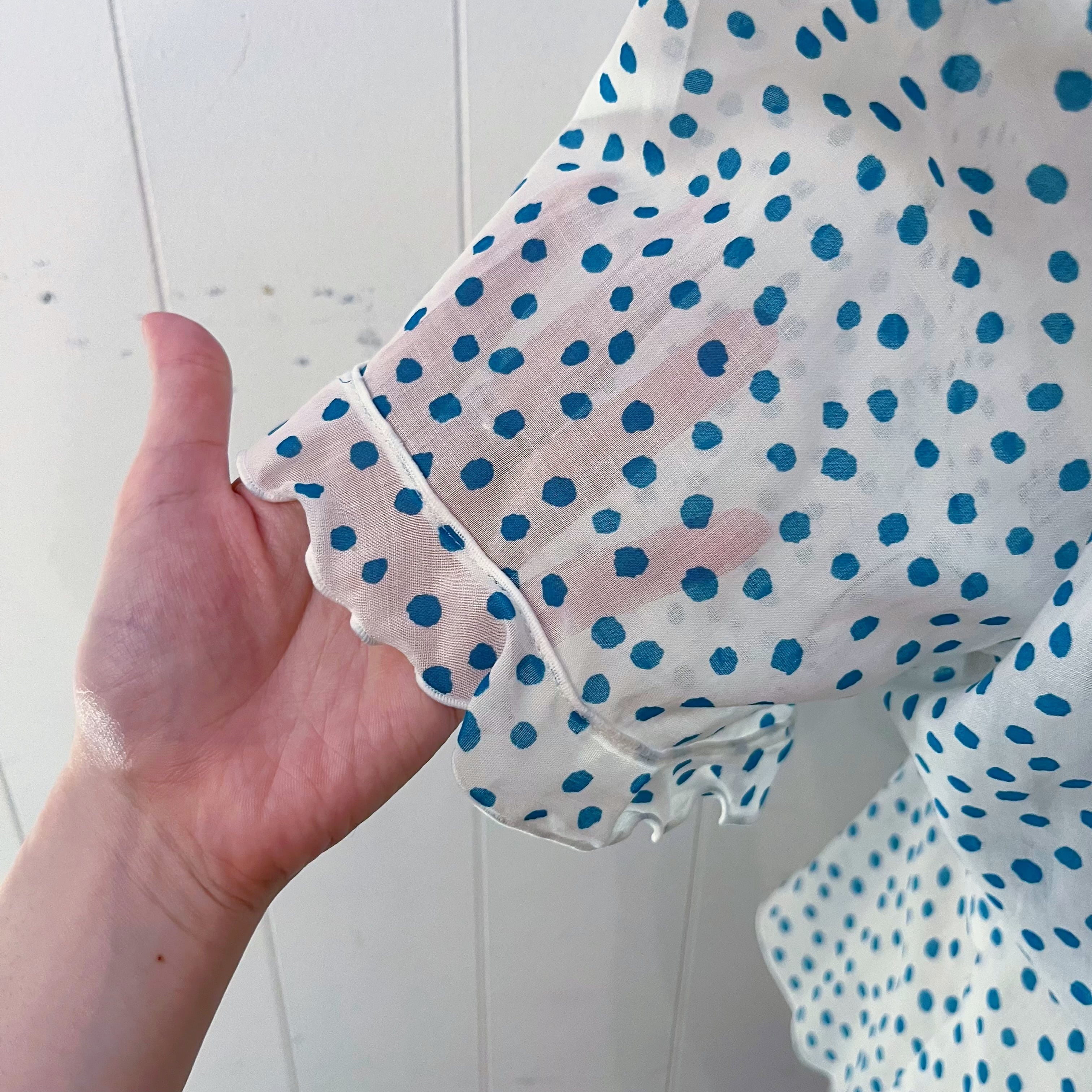water blue dot frill blouse