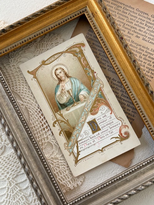フランスアンティーク Holy Card ホーリーカード 聖杯 キリスト 1908年 額装 撮影小物 インテリア コレクション M