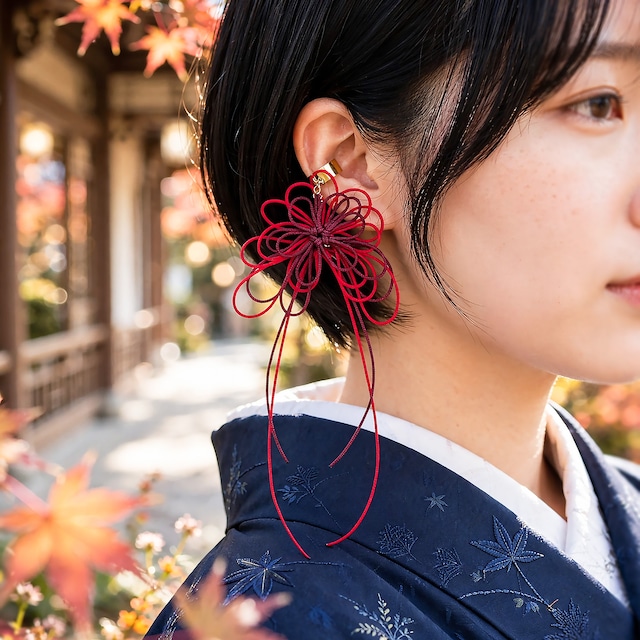 飾り結びかたっぽイヤーカフ「かなた、瞠」（臙脂×赤）| 軽量快適に叶える和風スタイル