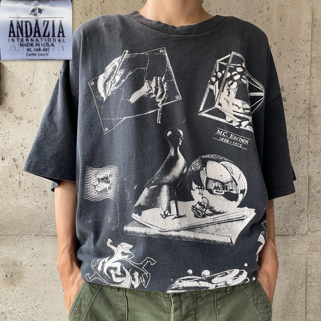 XZ357 90s Tシャツ マルチプリント エッシャー アート ヴィンテージ  