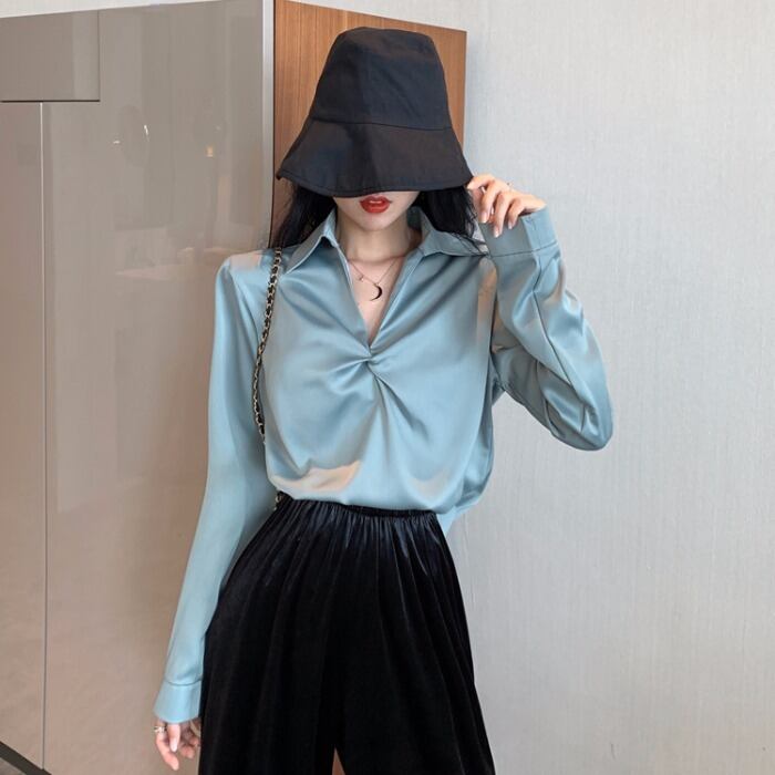 2020年初春新デザインセンスニッチVネック長袖シャツルーズウエスタンシャツボトミングトップ女性 1号婦人49837052606