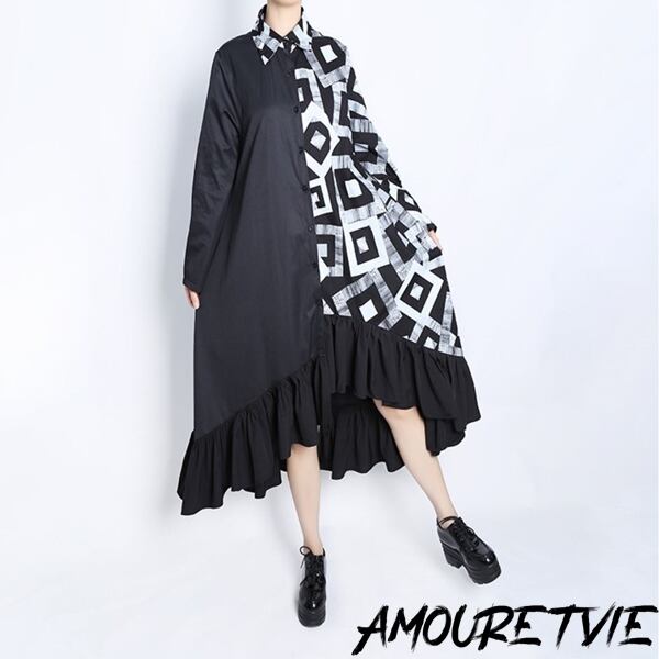 ワンピース ロング アシンメトリー バイカラー おしゃれ 個性 モダン 長袖 個性派ファッション モード系 2562 Amouretvie 韓国系 モード系 個性的ファッションの通販サイト