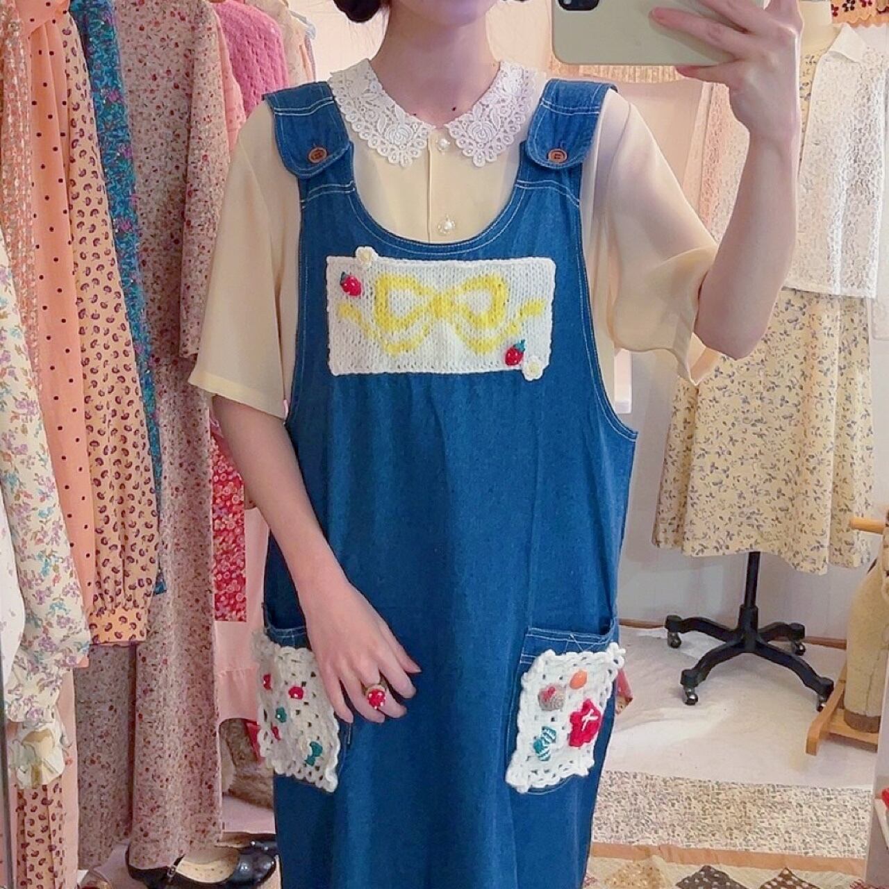 remake ✂︎ yellow ribbon frill pocket jumper skirt