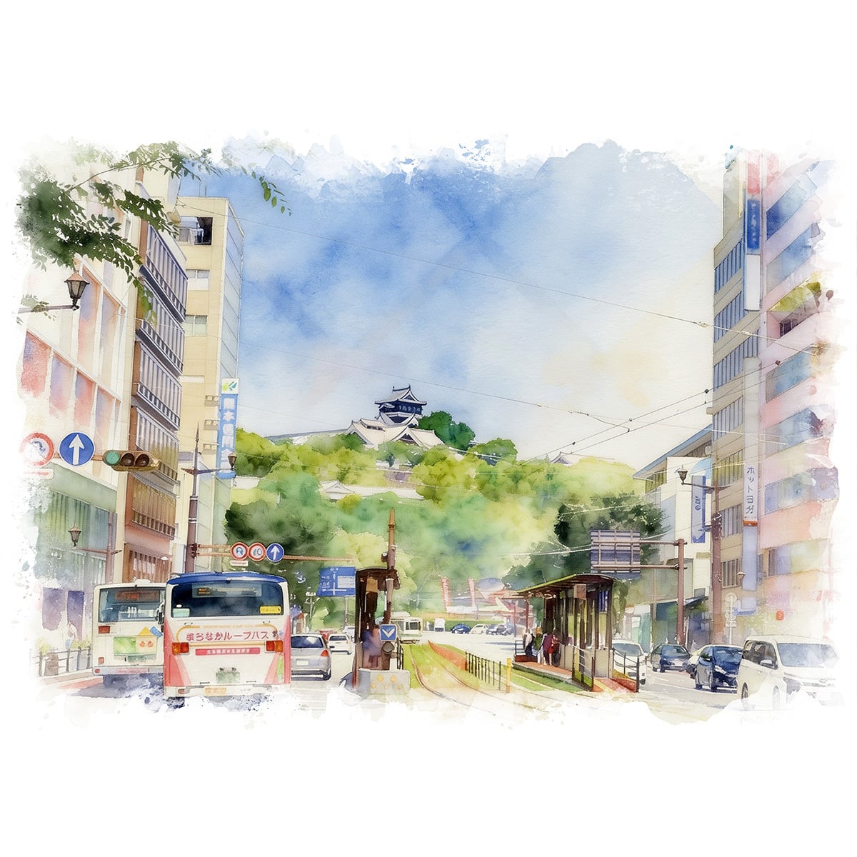 絵画(風景画) 日本の城 熊本県 通町筋から見た熊本城 インテリアアート