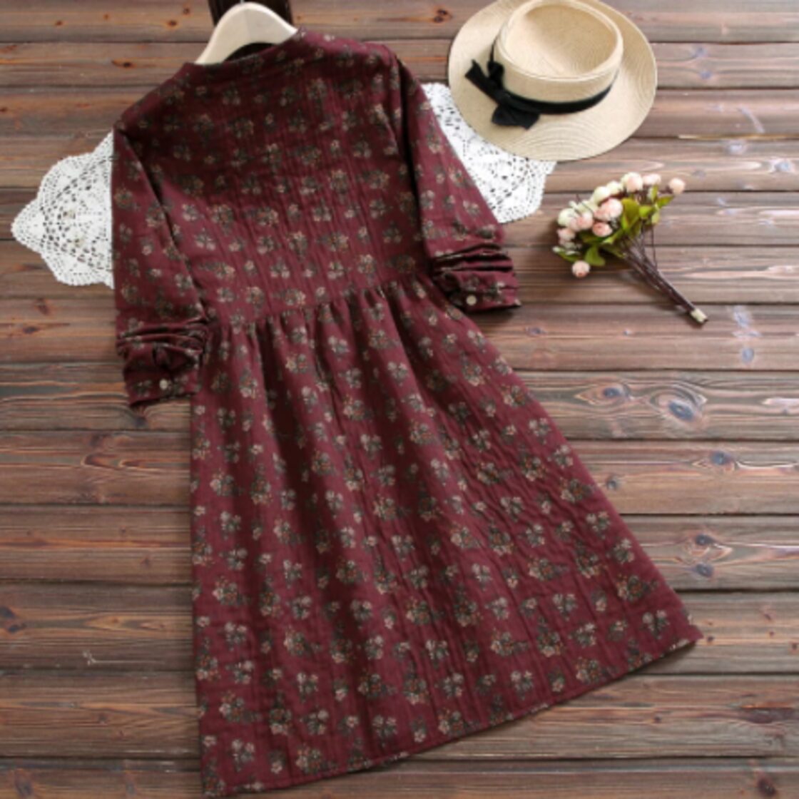 森ガール】 ワンピース ワインレッド 40代 50代 春 秋 長袖 膝丈 【花