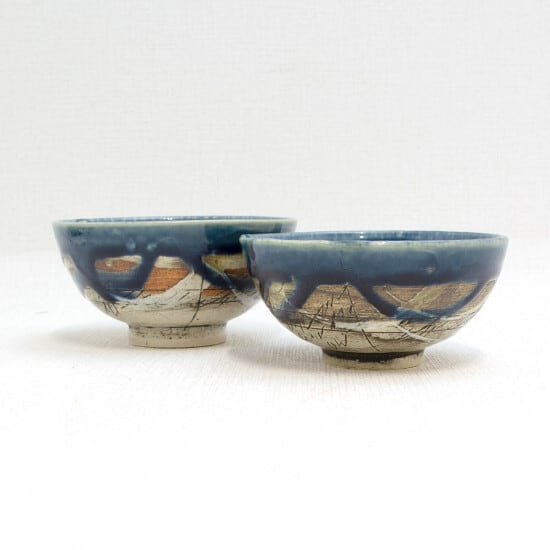 林英樹(鶴琳窯 かくりんがま) 作 茶碗(大小) 二色線刻 紺 | 和雑貨