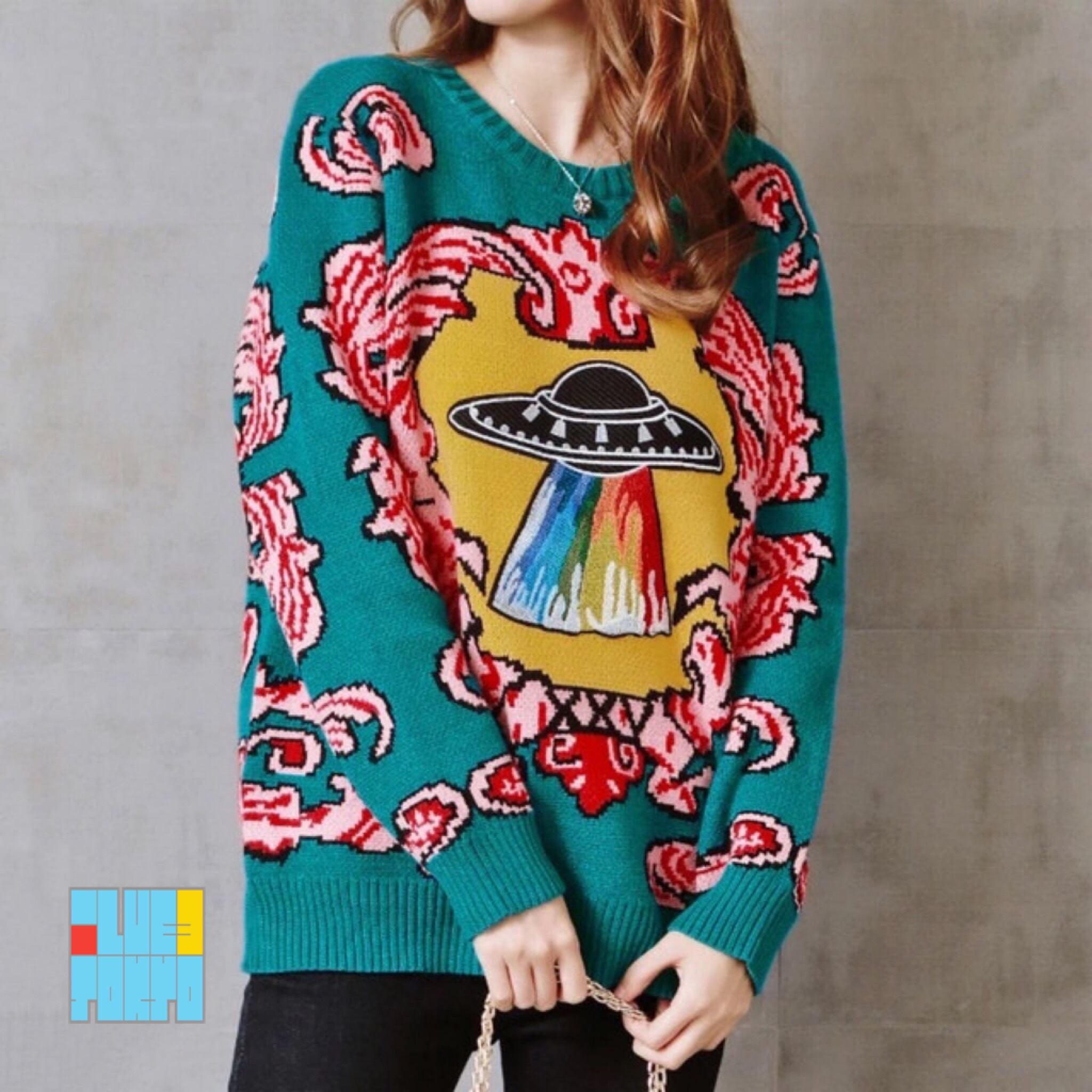 UFO 昭和レトロ 】 retro UFO design long sleeve green knit ...