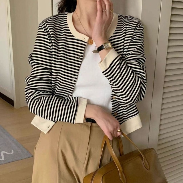 ノーカラー細ストライプカーディガン　11276