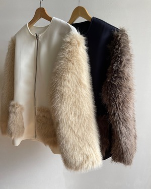 cardboard knit x fur no collar jacket