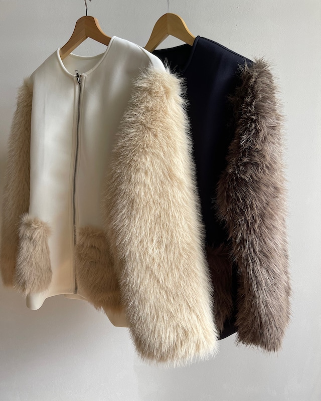 cardboard knit x fur no collar jacket