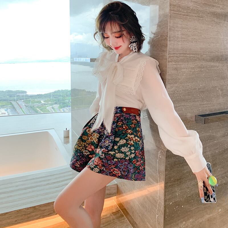 レースシャツ スタンダードジャカードハイウェストショーツ オータム ロング レトロ 秋物 ブルマー ステッチ MIUCO4905917068