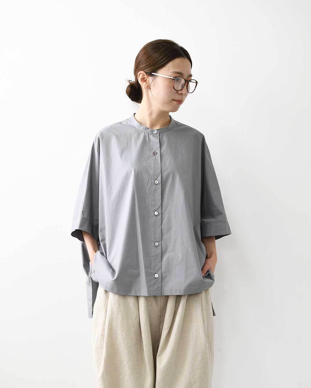 mizuiro ind [ミズイロ インド] half slv stand collar wide shirt [2