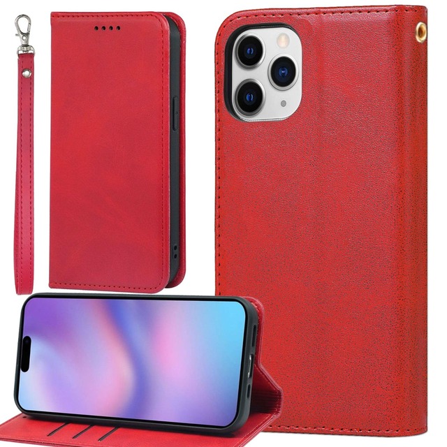 BonwFzin 適用 iPhone 12 / 12 Pro ケース 手帳型 ストラップ アイホン 12 プロ 手帳型カバー iPhone12Pro 携帯カバー アイフォンX スマホケース Case PU レザー ストラップホール付き マグネット フリップ スタンド レトロ 真っ赤