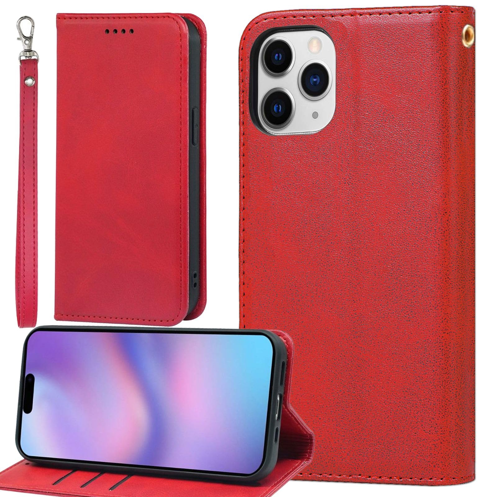 BonwFzin 適用 iPhone 12 / 12 Pro ケース 手帳型 ストラップ アイホン 12 プロ 手帳型カバー iPhone12Pro 携帯カバー アイフォンX スマホケース Case PU レザー ストラップホール付き マグネット フリップ スタンド レトロ 真っ赤