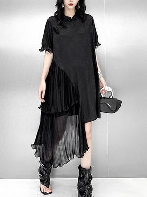 Chinese style loose asymmetric pleated dress [T2909]