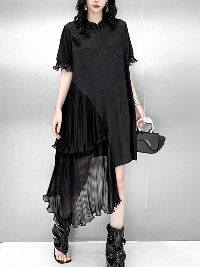 Chinese style loose asymmetric pleated dress [T2909]