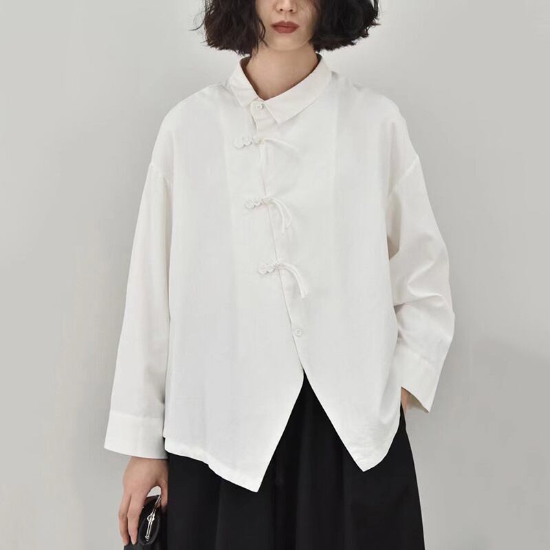 之】☆チャイナ風シャツ☆ブラック ホワイト 中華服 レディース 結び目