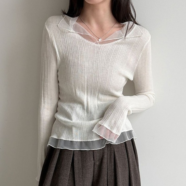 Sheer collar ribbed tops 5 colors　V2789