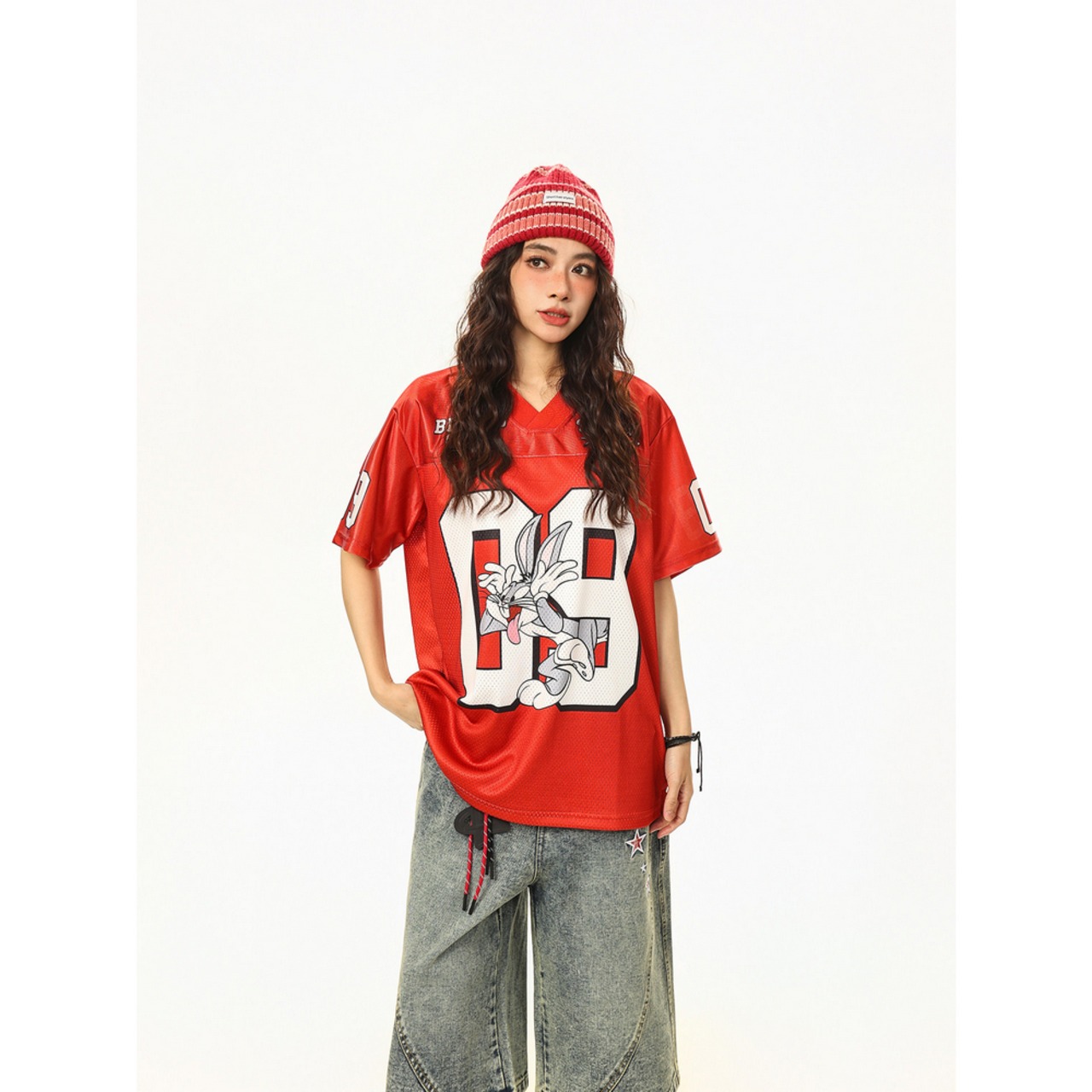 VINTAGE ストリート バッグスバニーVネック スポーツTシャツ T2175
