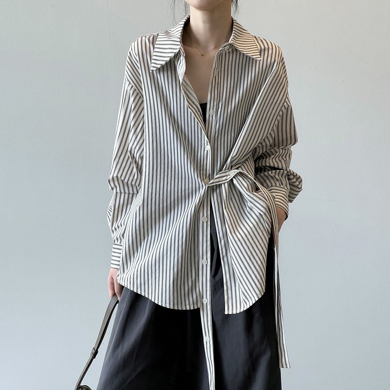 front tie stripe long sleeve shirt m0389