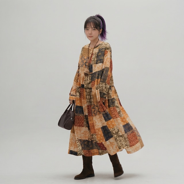 長袖ティアードマキシ丈ワンピース　【001855】