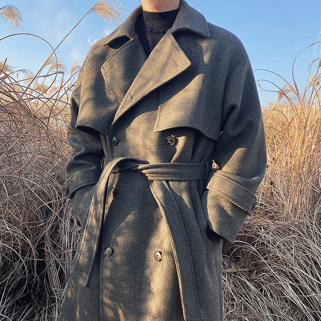 ウール混  ベルト付き ロング チェスター コート アウター メンズ 韓国ファッション 冬 2色