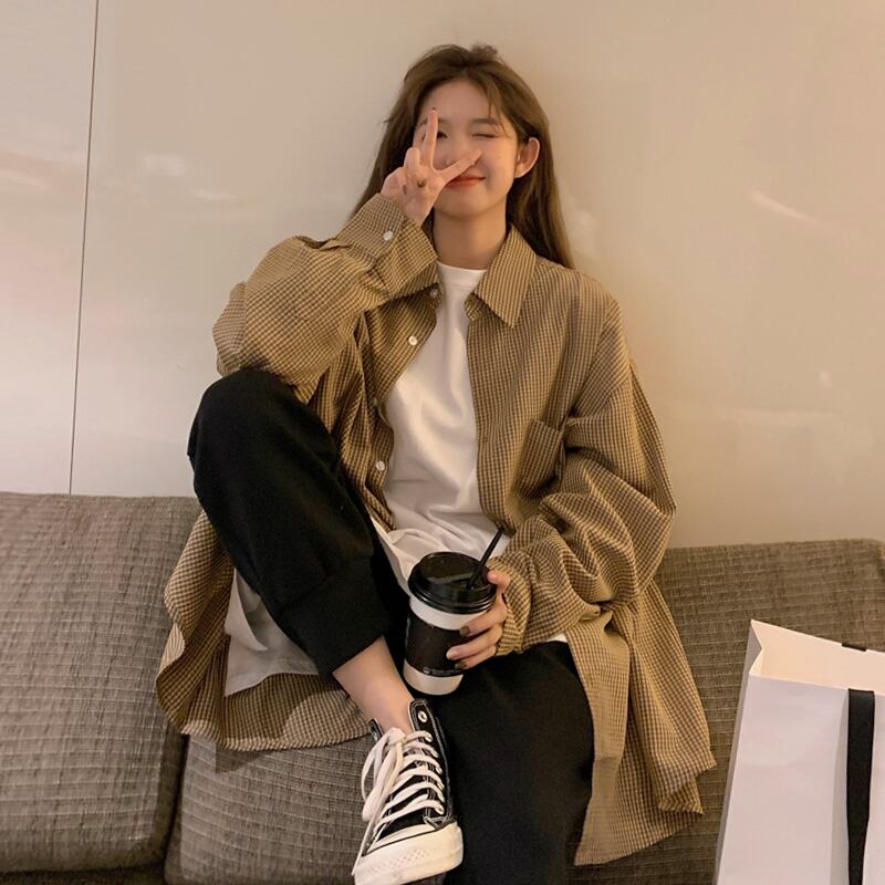 格子柄シャツ ジャケット レディーススタンダードスタイルスプリングオータムルーズトップス ロング レトロ 春物 秋物 試着室11960333593