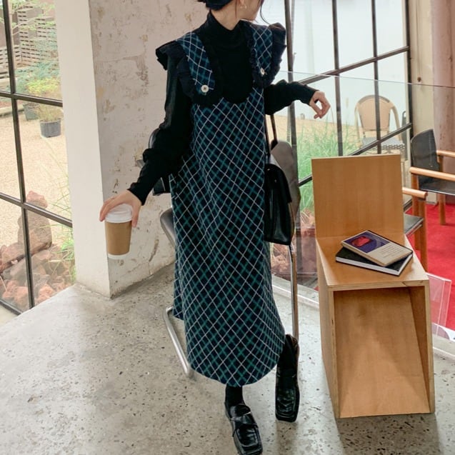 チェック柄 ノースリーブロングワンピース 00477