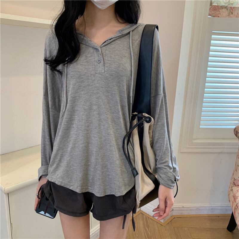 オータムトップス レディースホワイトTシャツ 薄手フードルーズスリム ロング 秋物 1号婦人45860653606