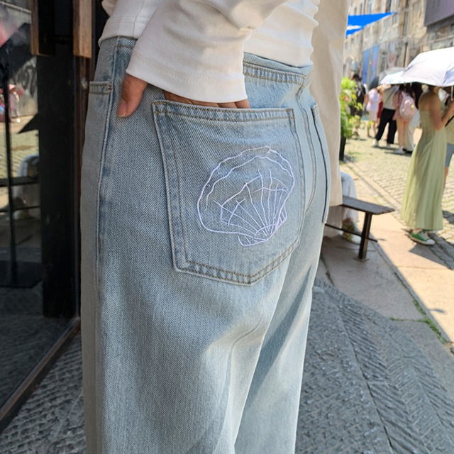 shell high waist wide straight denim pants J00008