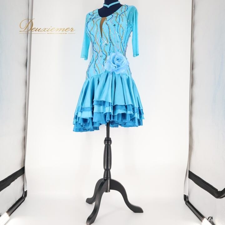 社交ダンス用ドレス シルバー 青 ビーズ装飾 青 フリンジ 社交ダンス